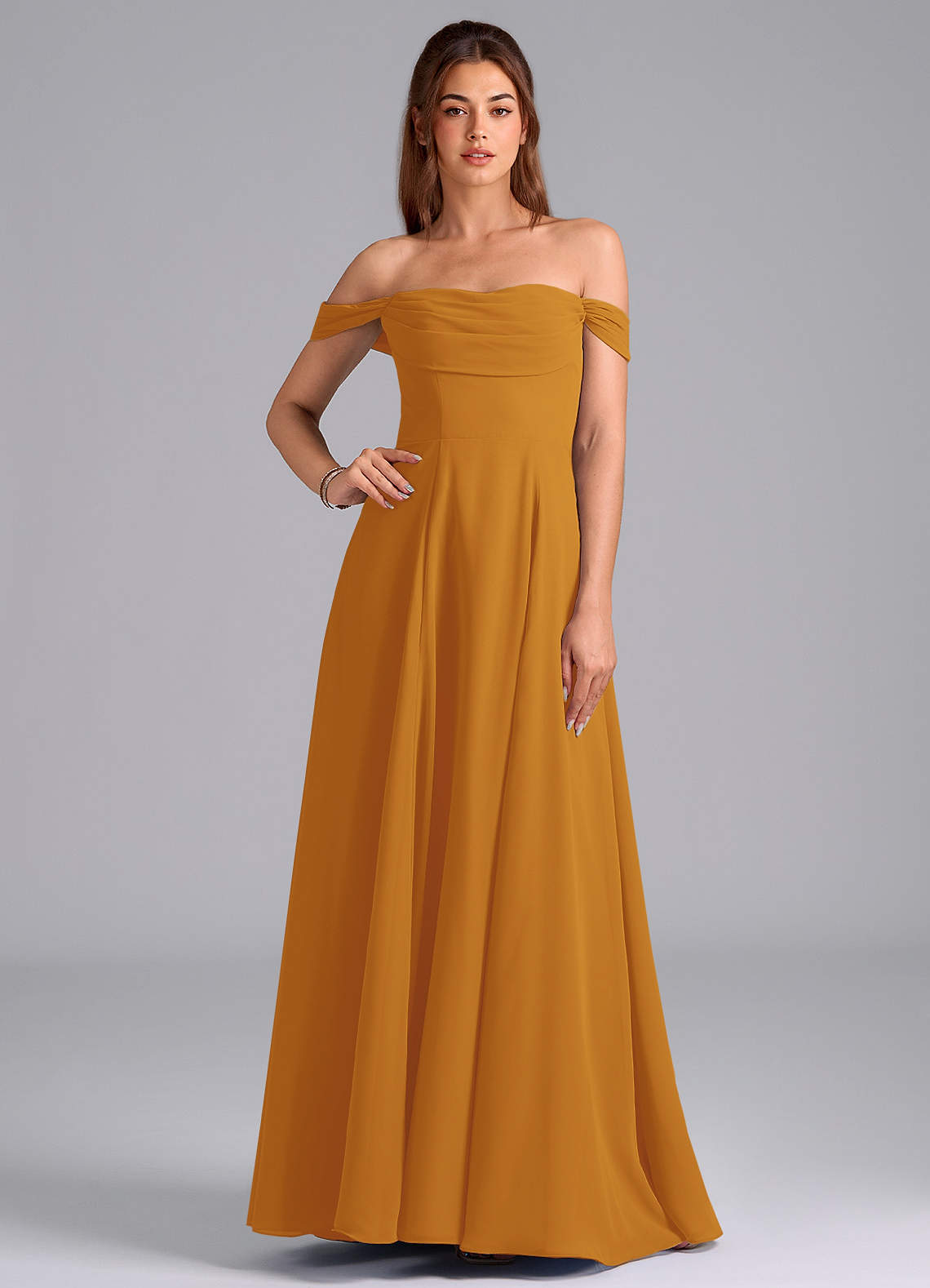 Azazie Almina Brautjungfernkleider Wandelbar A-Linie Schulterfrei Chiffon Kleid Butterscotch image1