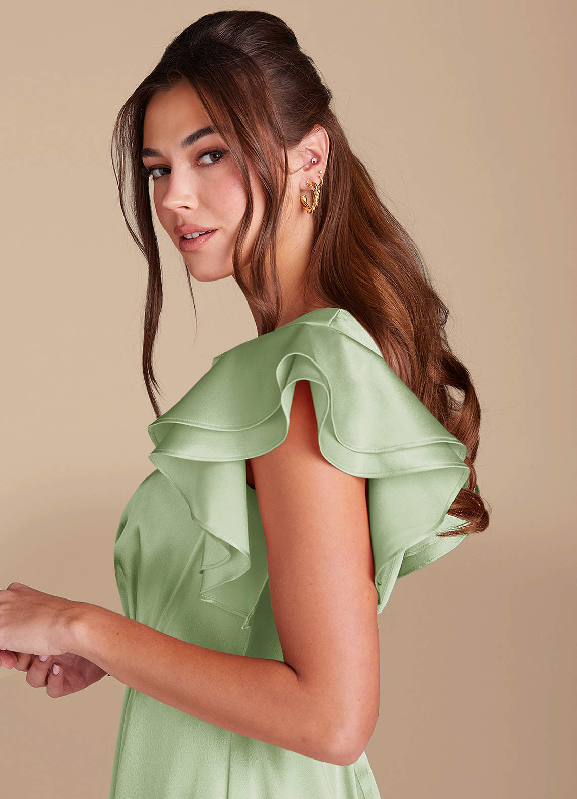 Azazie Daphne Final Sale A-Line Ruched Metallic Satin Floor-Length Dress image4