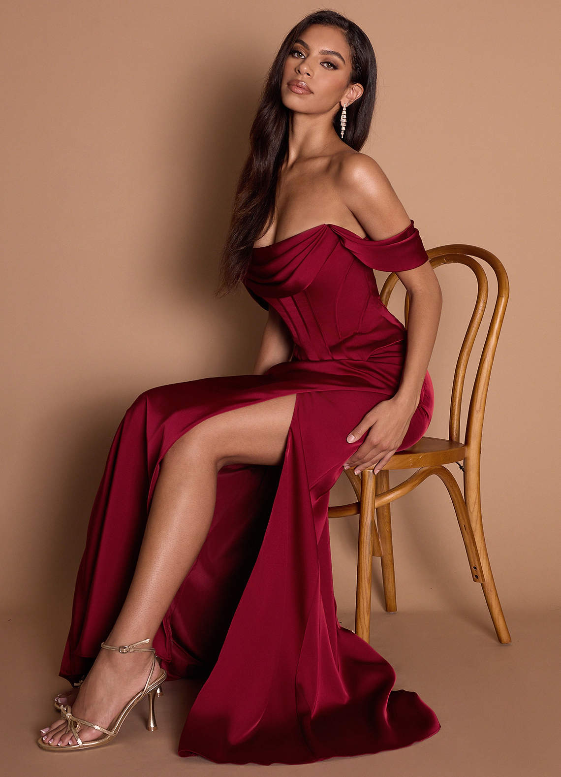 knee length dresses for ladies Women's Dresses Sensations Off Shoulder Satin Maxi Dress Red M by Selfie Leslie Clearance