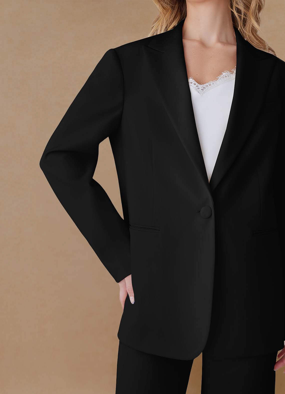 front Amelia Negro Traje extragrande de dos piezas de alto rendimiento con tejido refinado