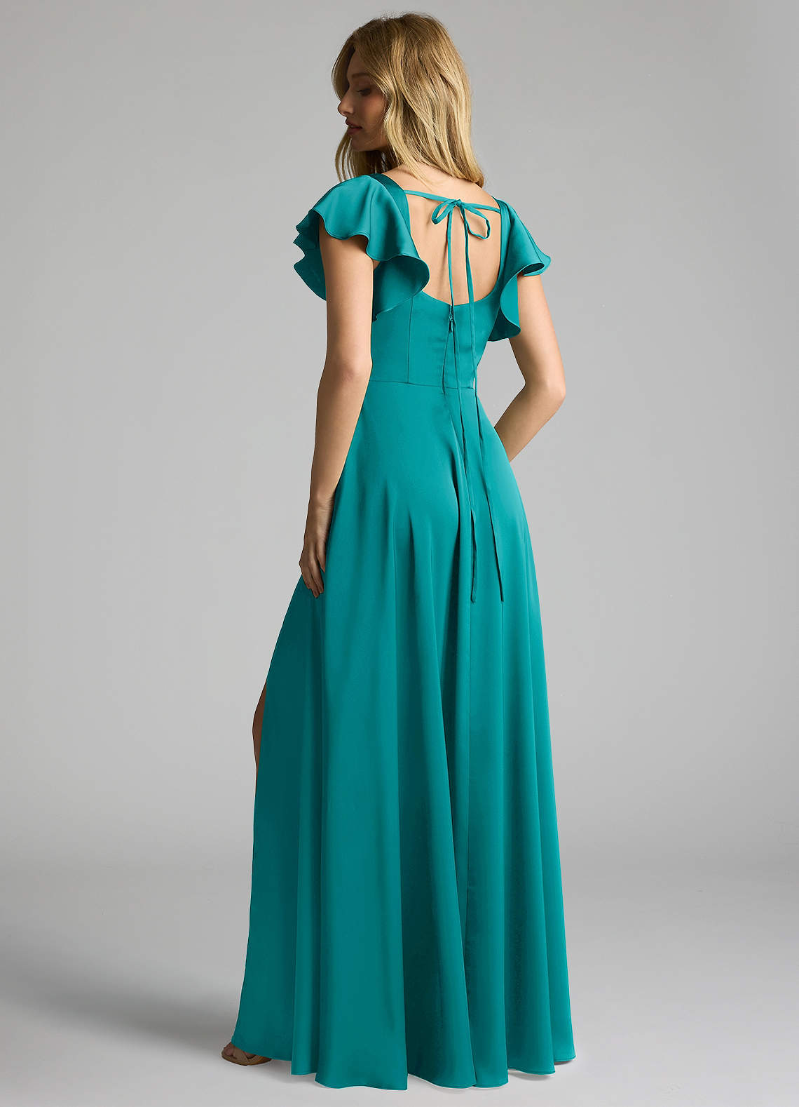 Azazie Bondi Bridesmaid Dresses Teal A-Line Bow Stretch Satin Dress image2