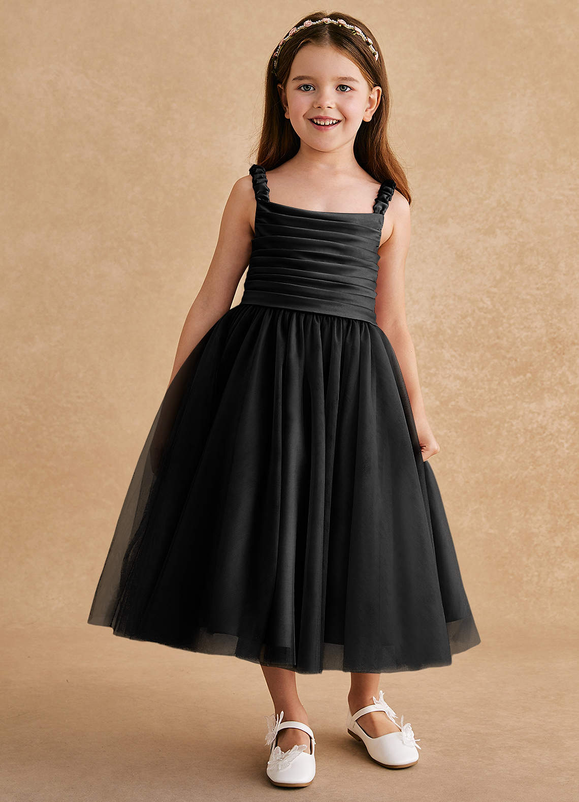Azazie Gabbie Flower Girl Dresses Black A-Line Pleated Matte Satin Dress image1