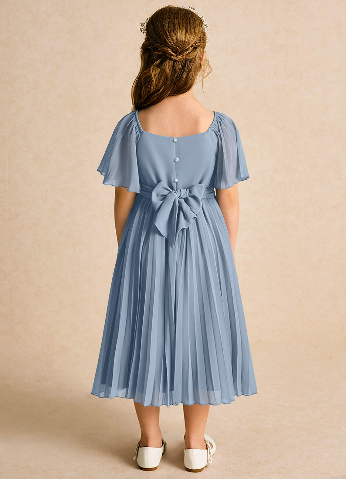 Azazie Gisele Abiti da Ragazza di Fiori Abito A-Line in Chiffon Plissettato Blu Polveroso image5