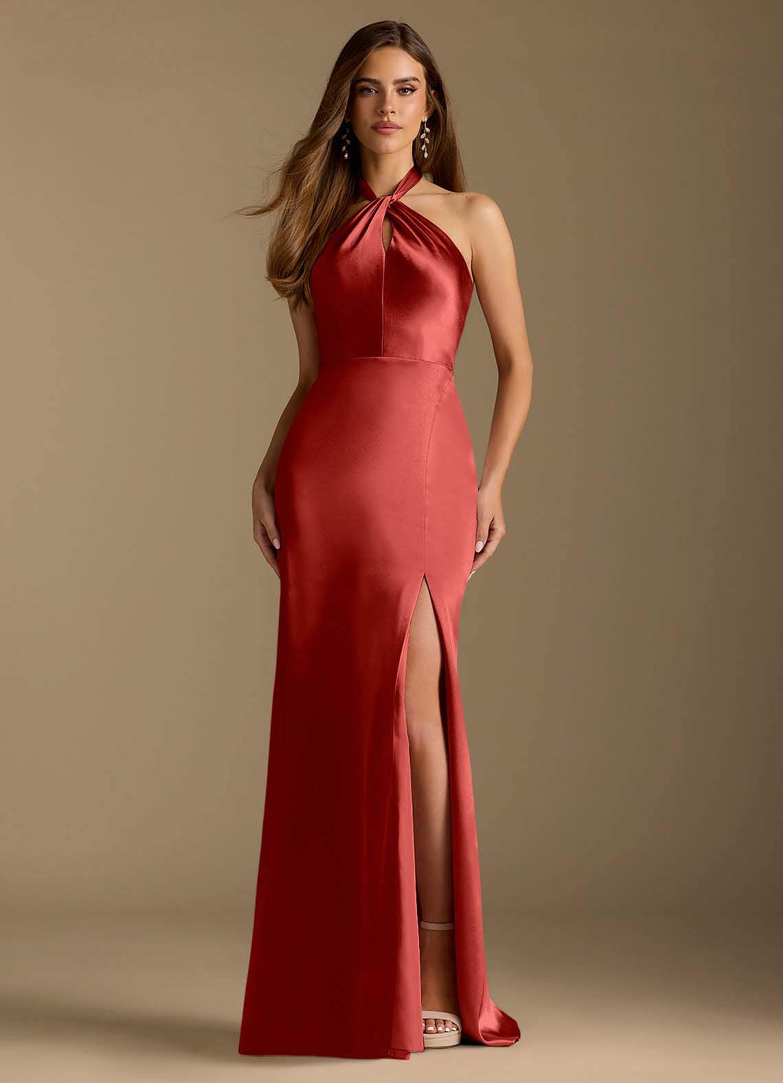 Azazie Tracie Brautjungfernkleider A-Linie Plissee Metallischer Satin Kleid Rost image1