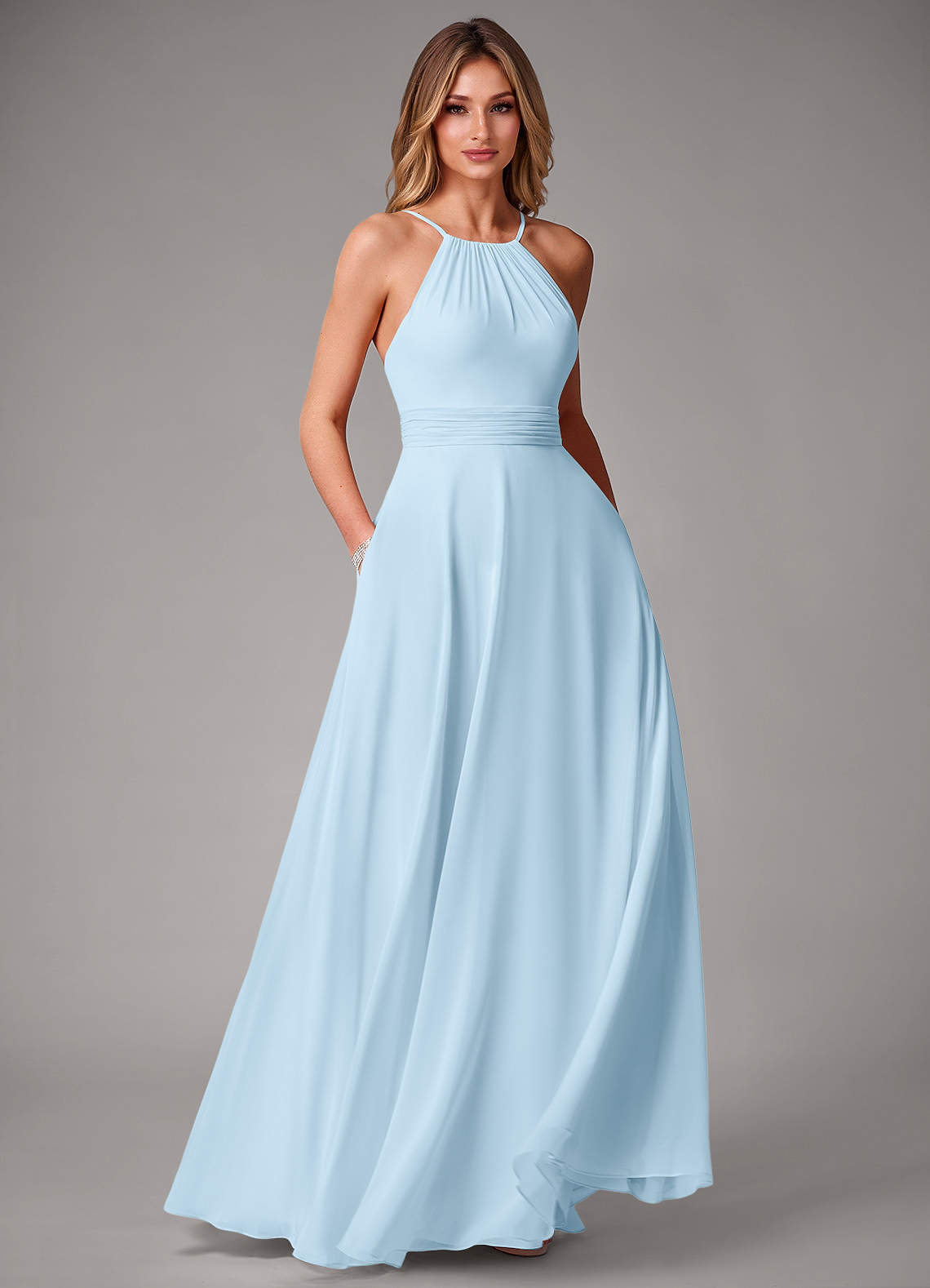 Azazie Amalia Robes de demoiselle d'honneur Robe Trapèze en Mousseline de soie Plissée Bleu Ciel image1