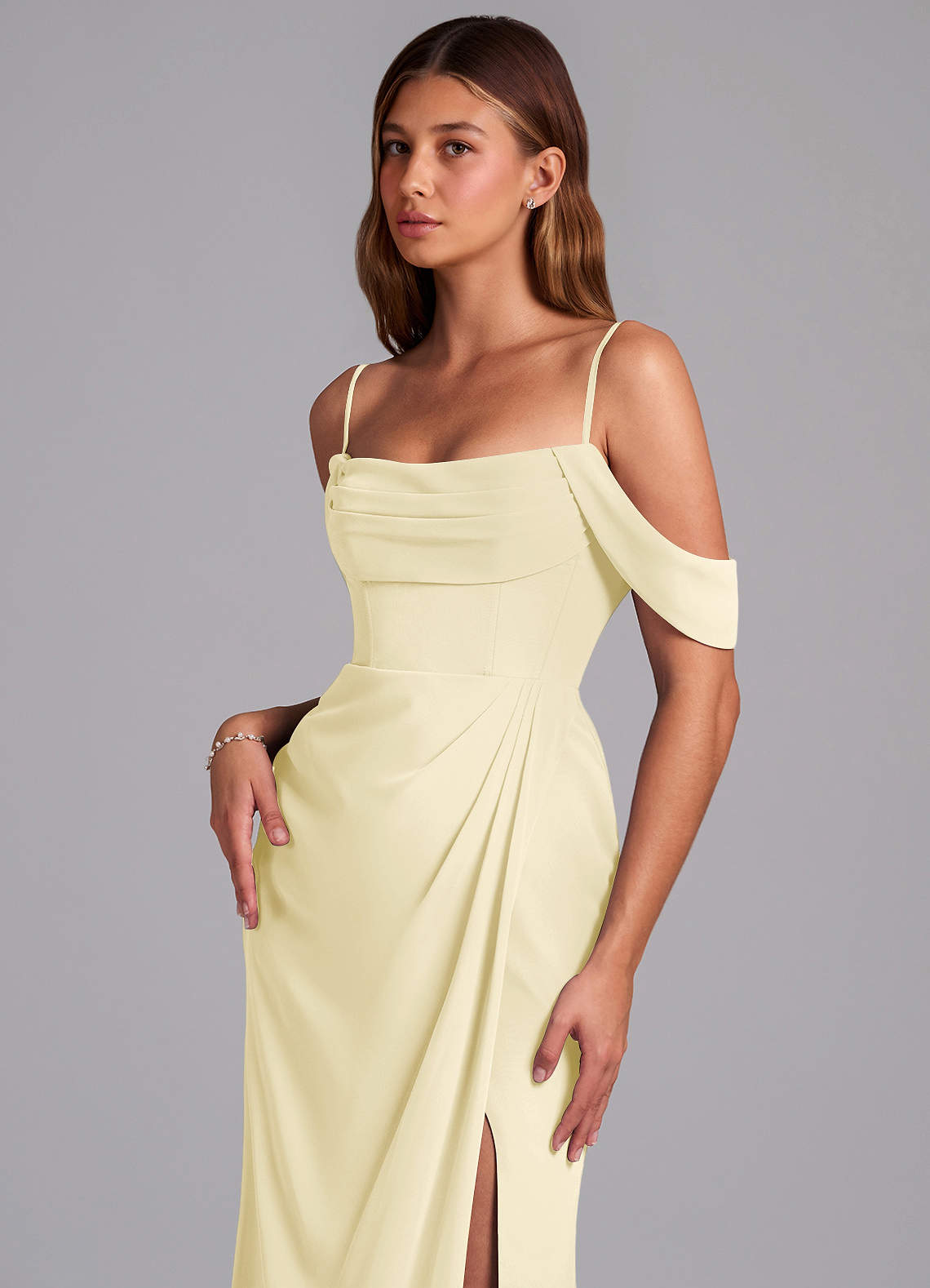 Azazie Johana Brautjungfernkleider Wandelbar Meerjungfrau-Linie Schulterfrei Chiffon Kleid Zitronensorbet image4