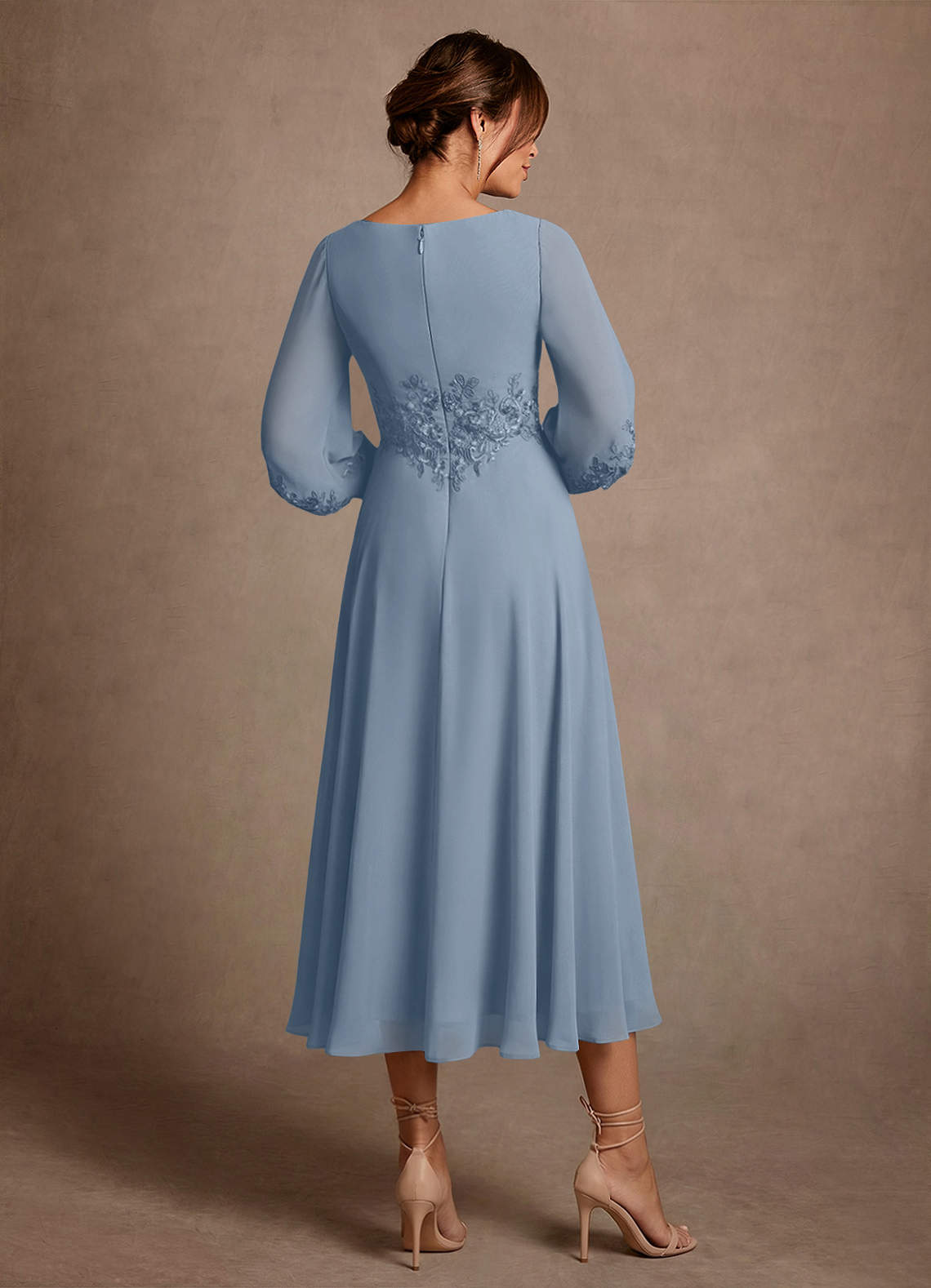 Azazie Ana Vestidos para mãe da noiva Vestido Azul Empoeirado de Chiffon de Linha A com Renda image2
