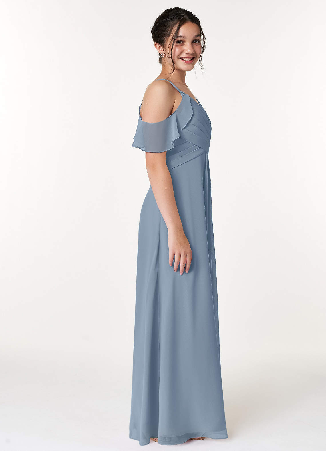 Azazie Dakota Junior Dusty Blue A-Line Off the Shoulder Chiffon Dress image2