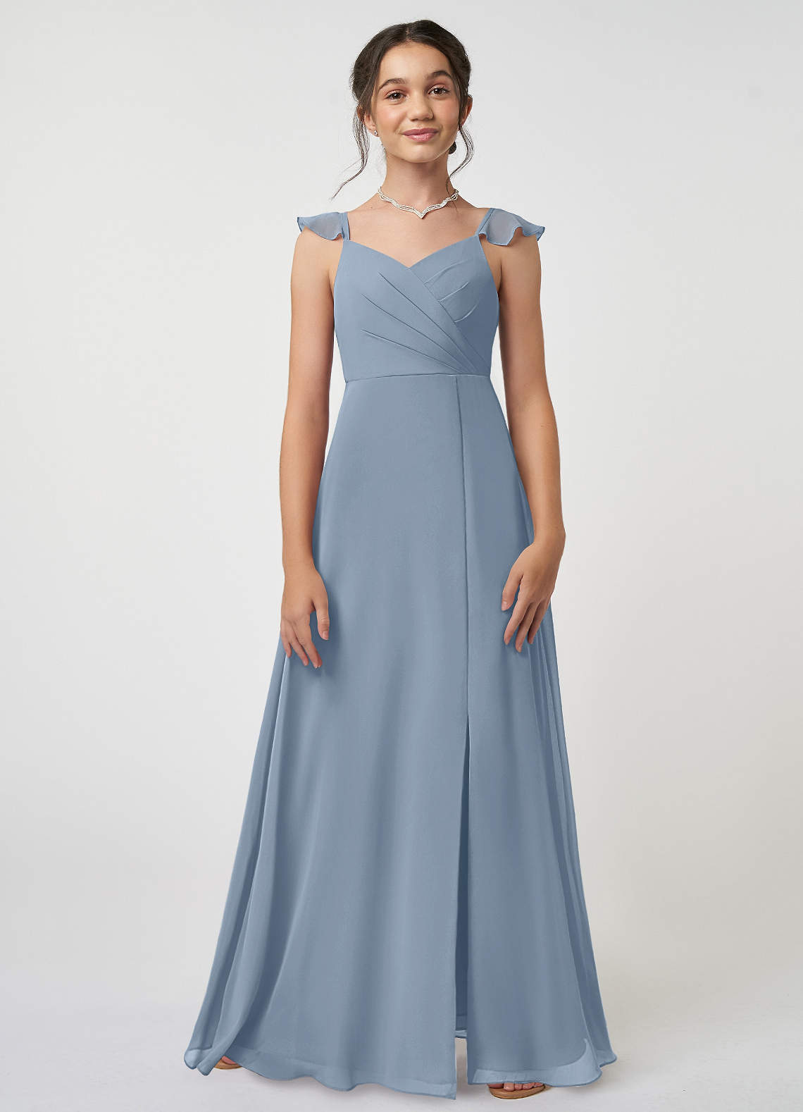 Azazie Amada Junior Dusty Blue A-Line Ruched Chiffon Dress image1