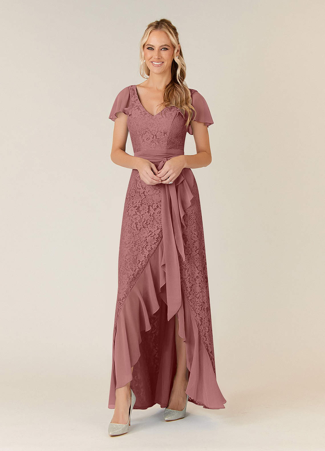 Azazie Knox Kleider für die Brautmutter A-Linie V-Hals Chiffon Kleid Wüstenrose image1