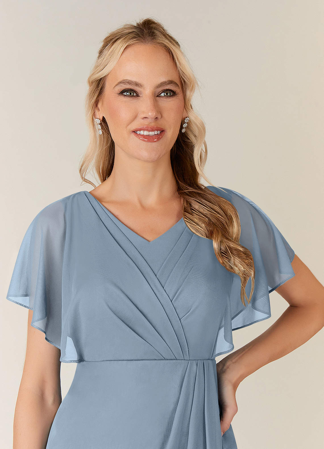 Azazie Waverly At-home Try On Dresses Dusty Blue Sheath Pleated Mesh Dress image5