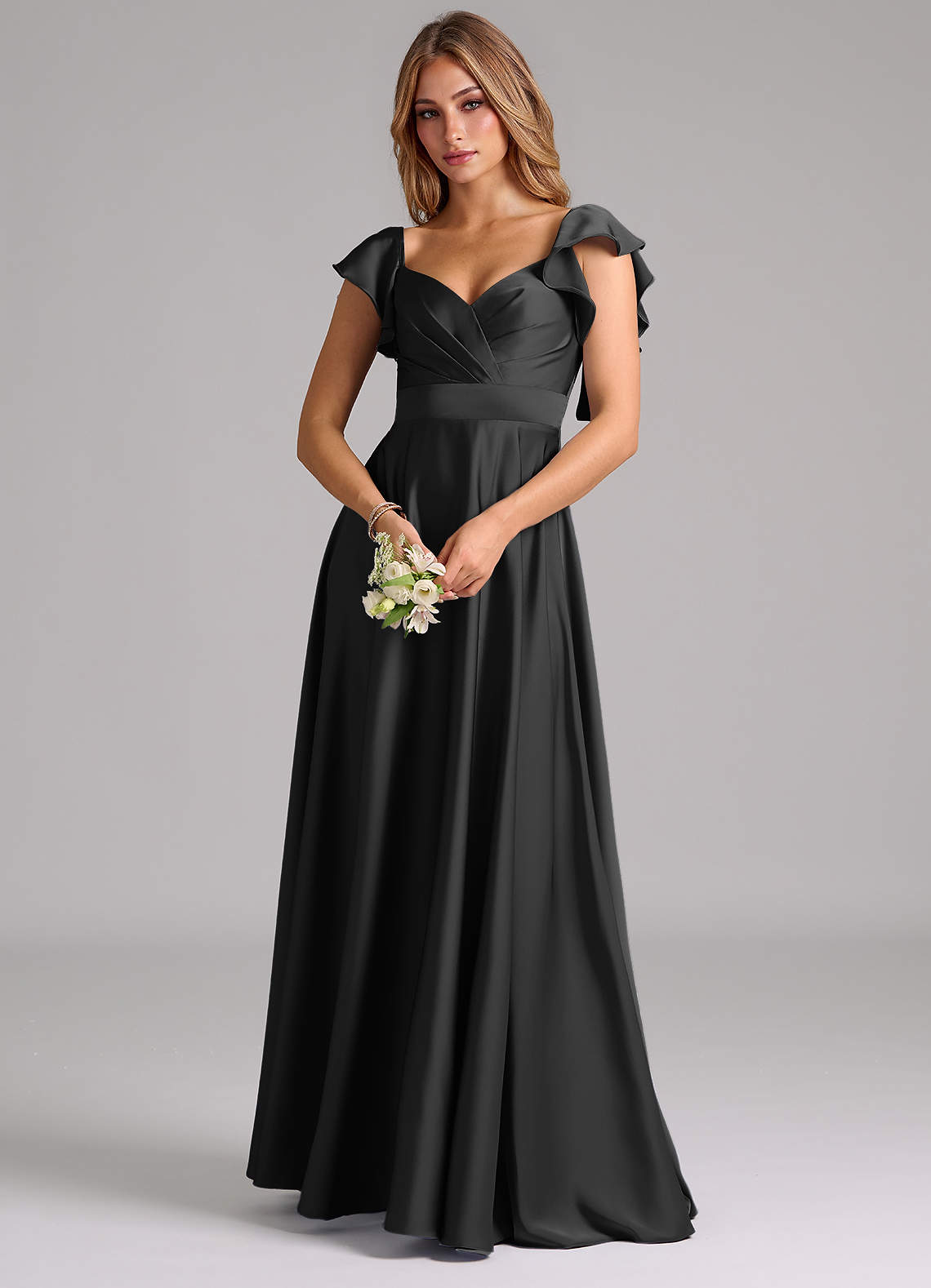 Azazie Leilani Bridesmaid Dresses Black A-Line Ruched Stretch Satin Dress image6