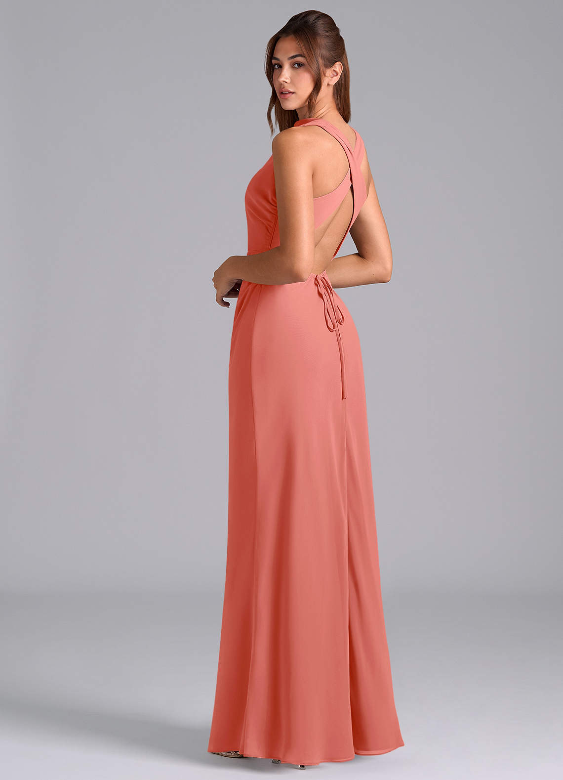 salmon pink maxi dress Salmon Maxi Dress With Long Sleeves And Slit