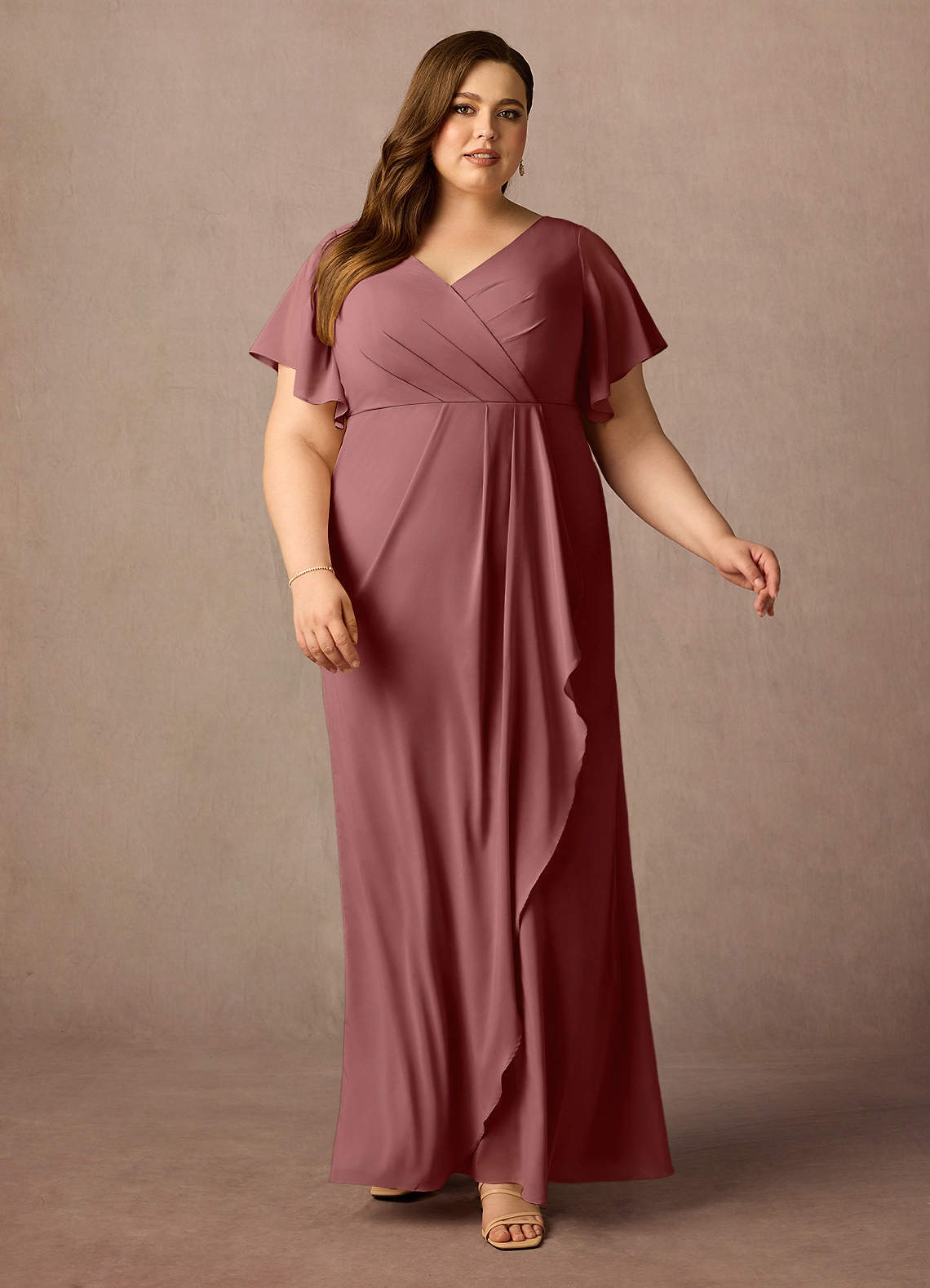 Azazie Song vestidos de madre de la novia Vestido de Rosa Del Desierto de Chifón elástico de Sirena con Cuello en V Plisado image1