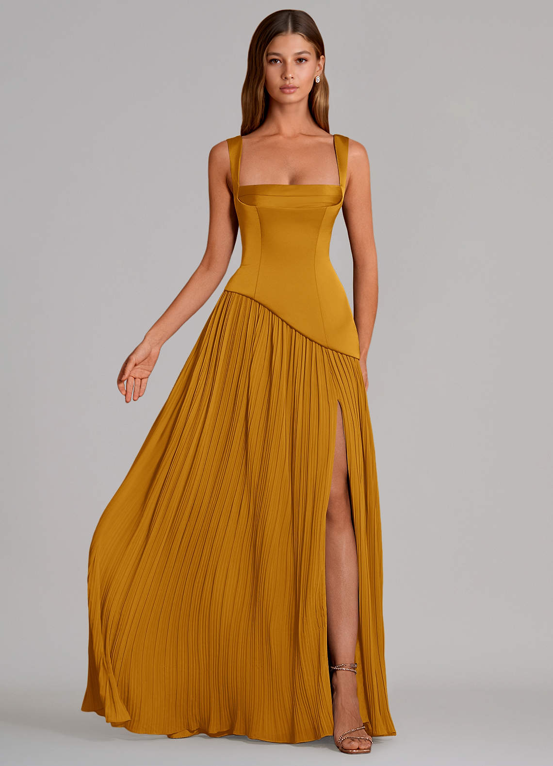 Azazie Stephanie Vestidos de madrinha de casamento Vestido Caramelo de Cetim elástico de Linha A com Plissado image3