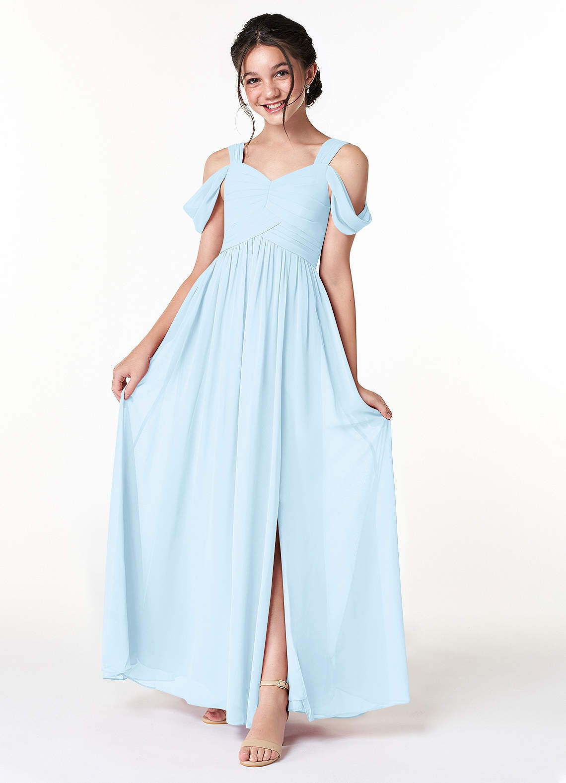 Azazie Lianne Junior Sky Blue A-Line Off the Shoulder Chiffon Dress image1