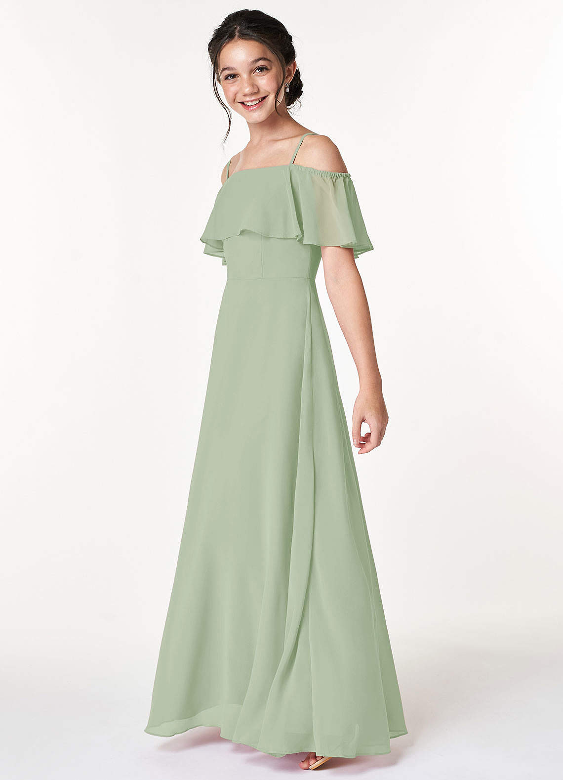 Azazie Maggie Junior Dusty Sage A-Line Off the Shoulder Chiffon Dress image4