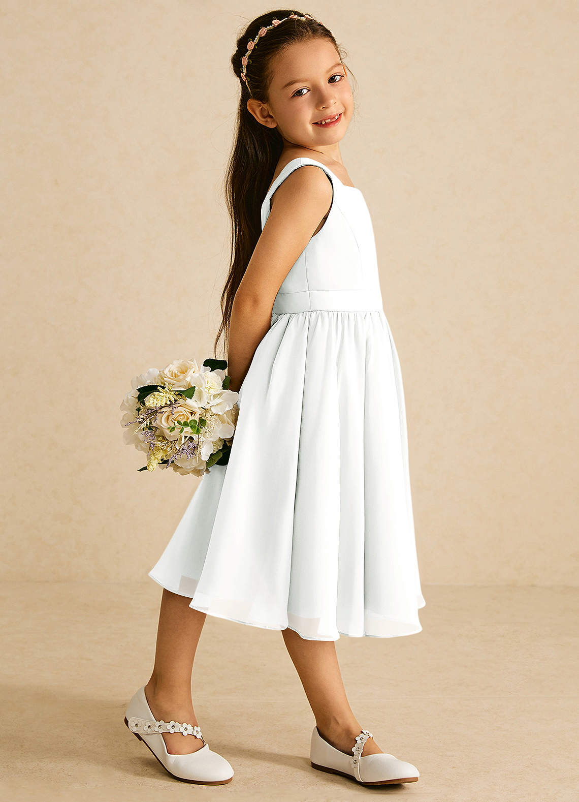 Azazie Ari Flower Girl Dresses Diamond White A-Line Sleeveless Chiffon Dress image2