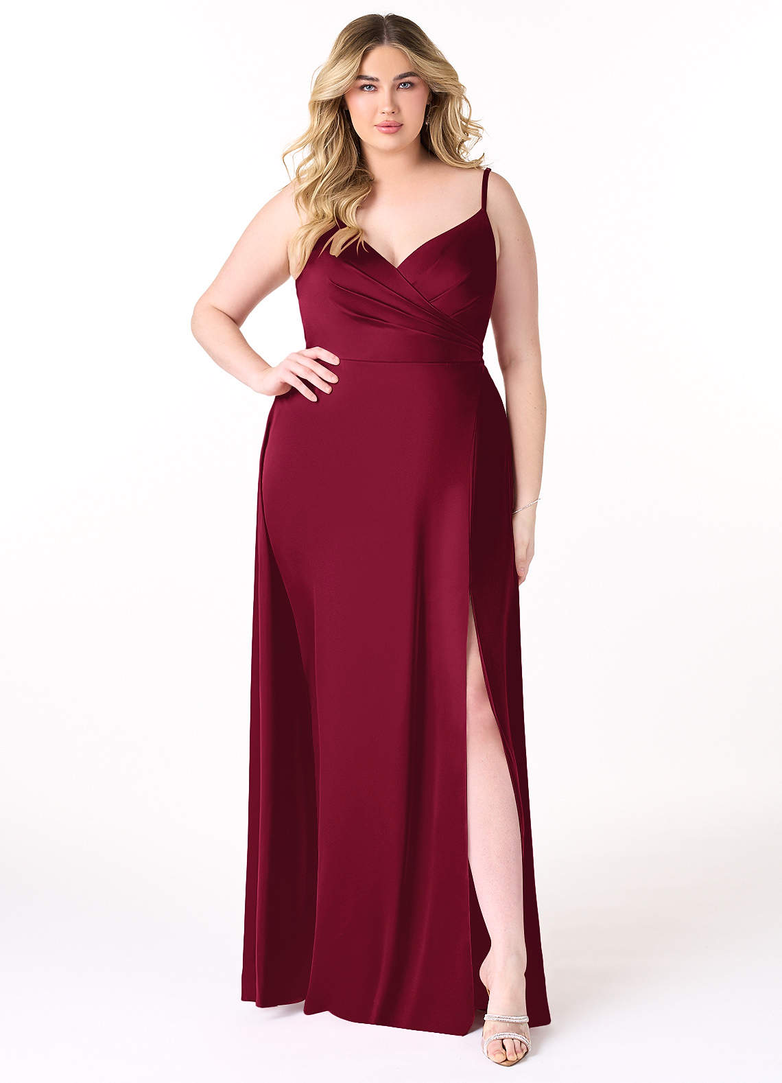 Azazie Dalilah Bridesmaid Dresses Burgundy A-Line V-Neck Pleated Stretch Satin Dress image1
