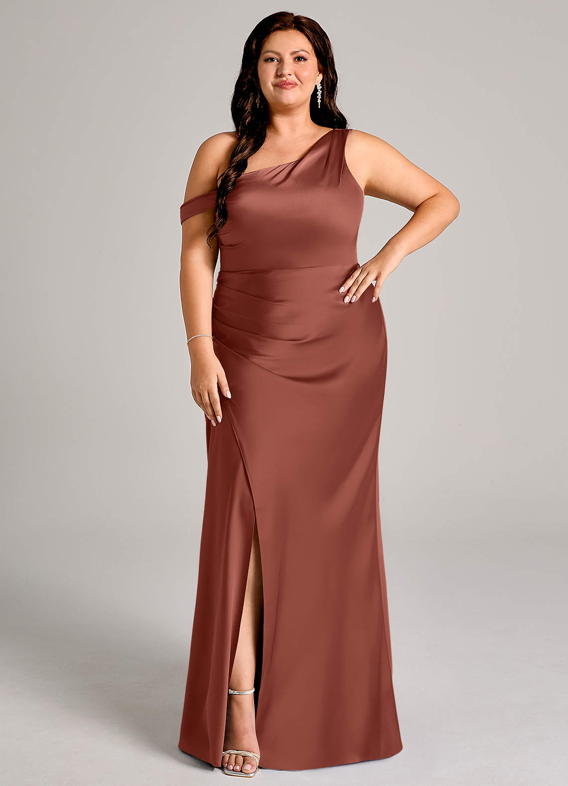 Azazie Madelyn Bridesmaid Dresses Auburn Mermaid One Shoulder Stretch Satin Convertible Dress image1