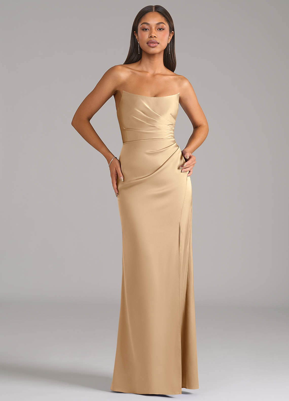 Azazie Marla Champagne Stretch Satin Bridesmaid Dresses | Azazie CA