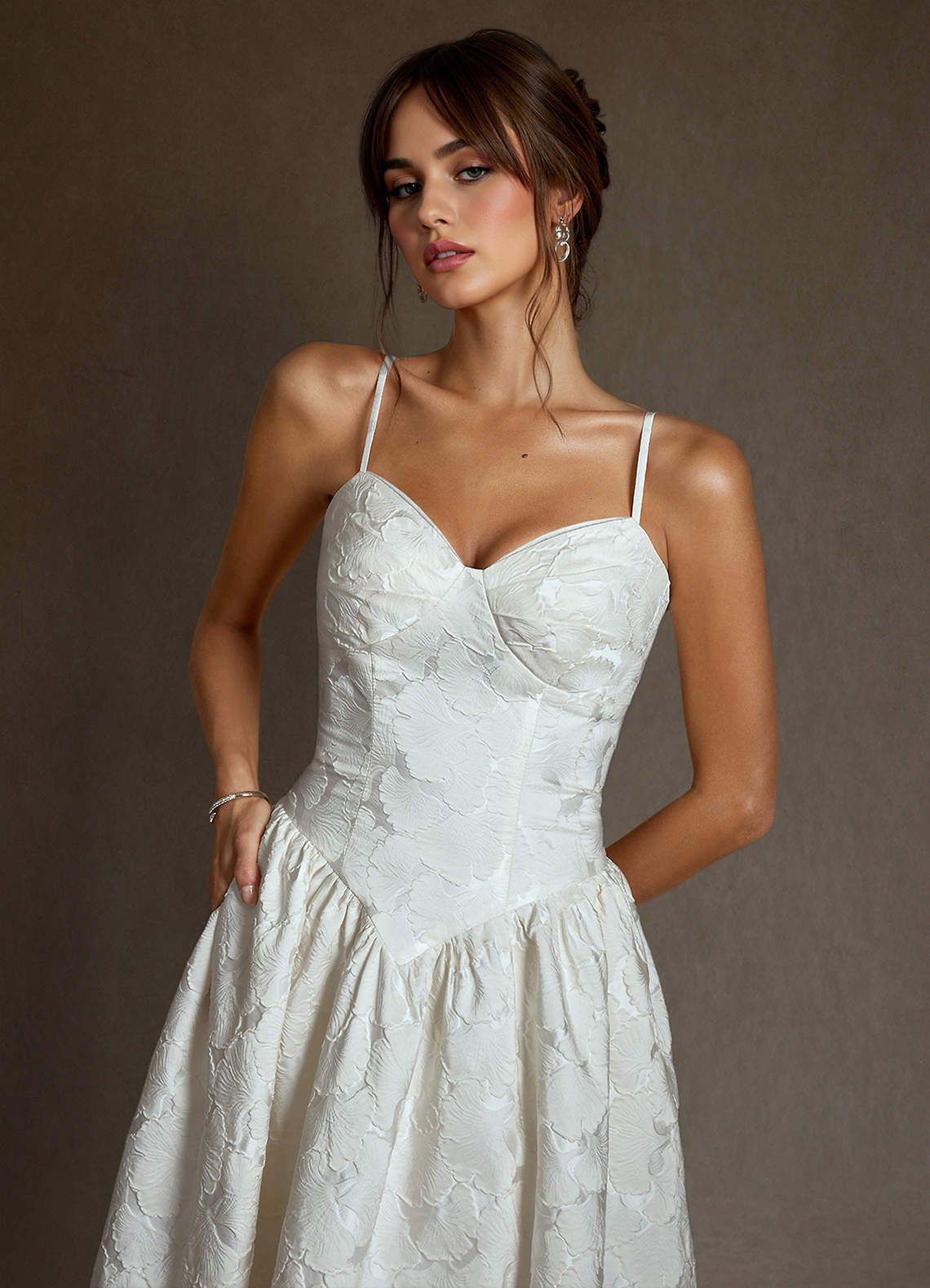 Azazie Devam Wedding Dresses Diamond White A-Line Strapless Floral Jacquard Dress image7
