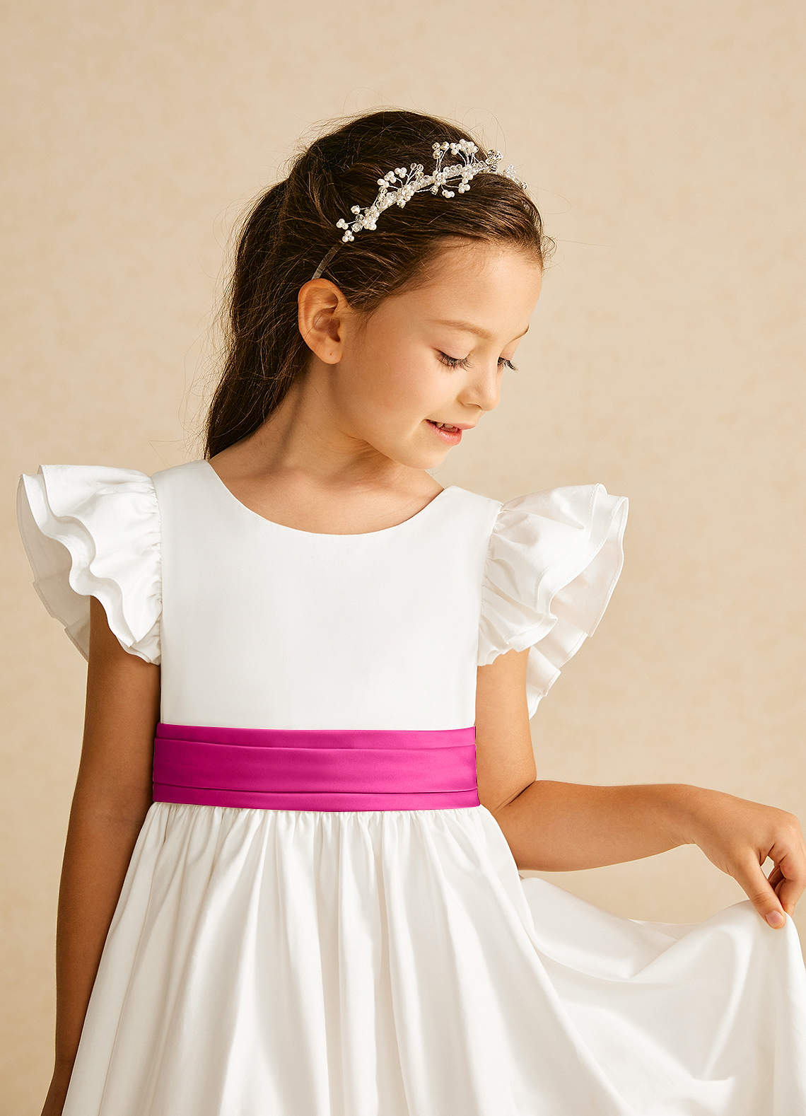 Azazie Aero Robe Demoiselle D'honneur Fillette Robe Trapèze en Coton Plissée Ivoire Fuchsia image2