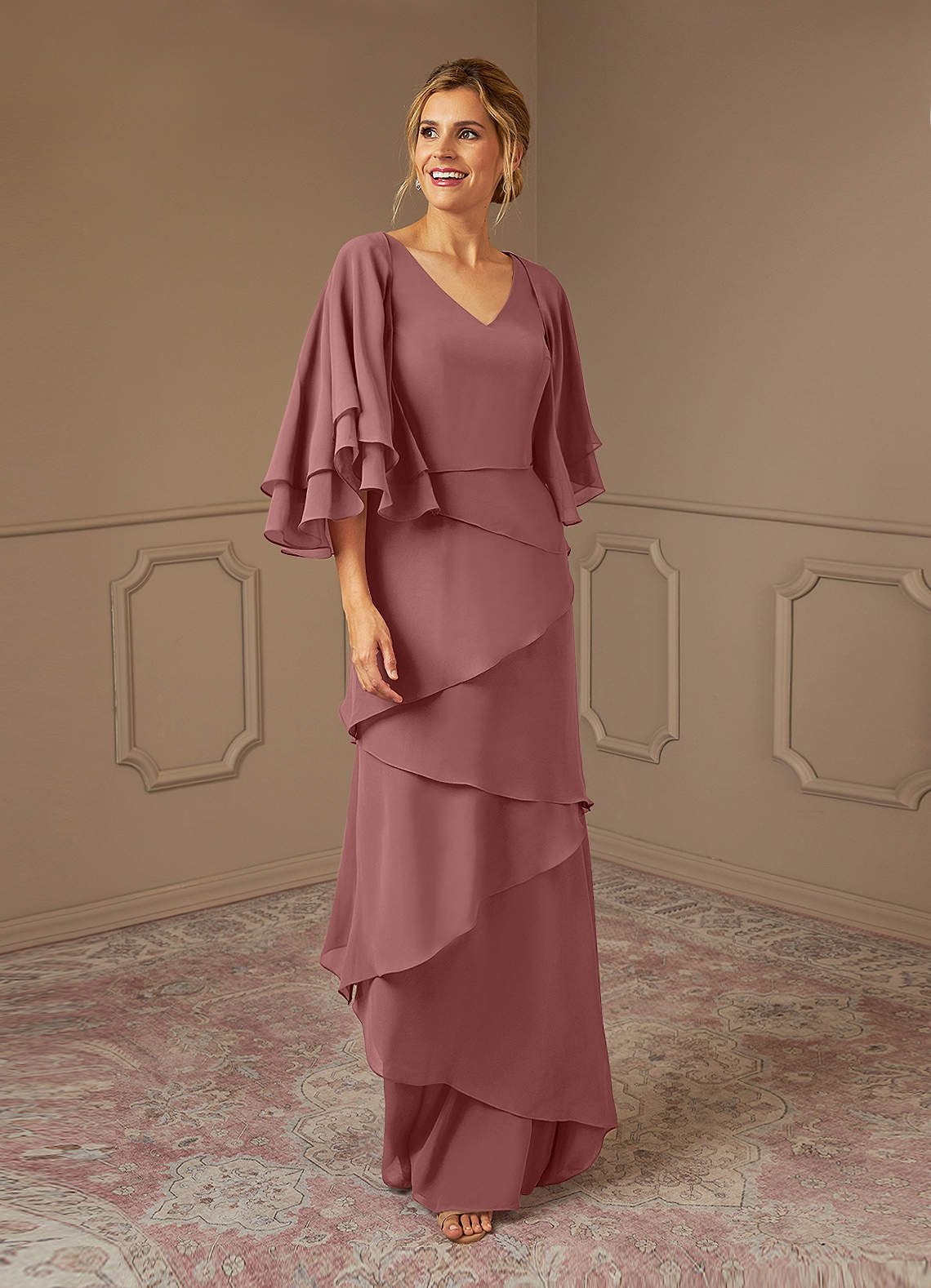 Azazie OHara Mother of the Bride Dresses Desert Rose A-Line V-Neck Chiffon Dress image1