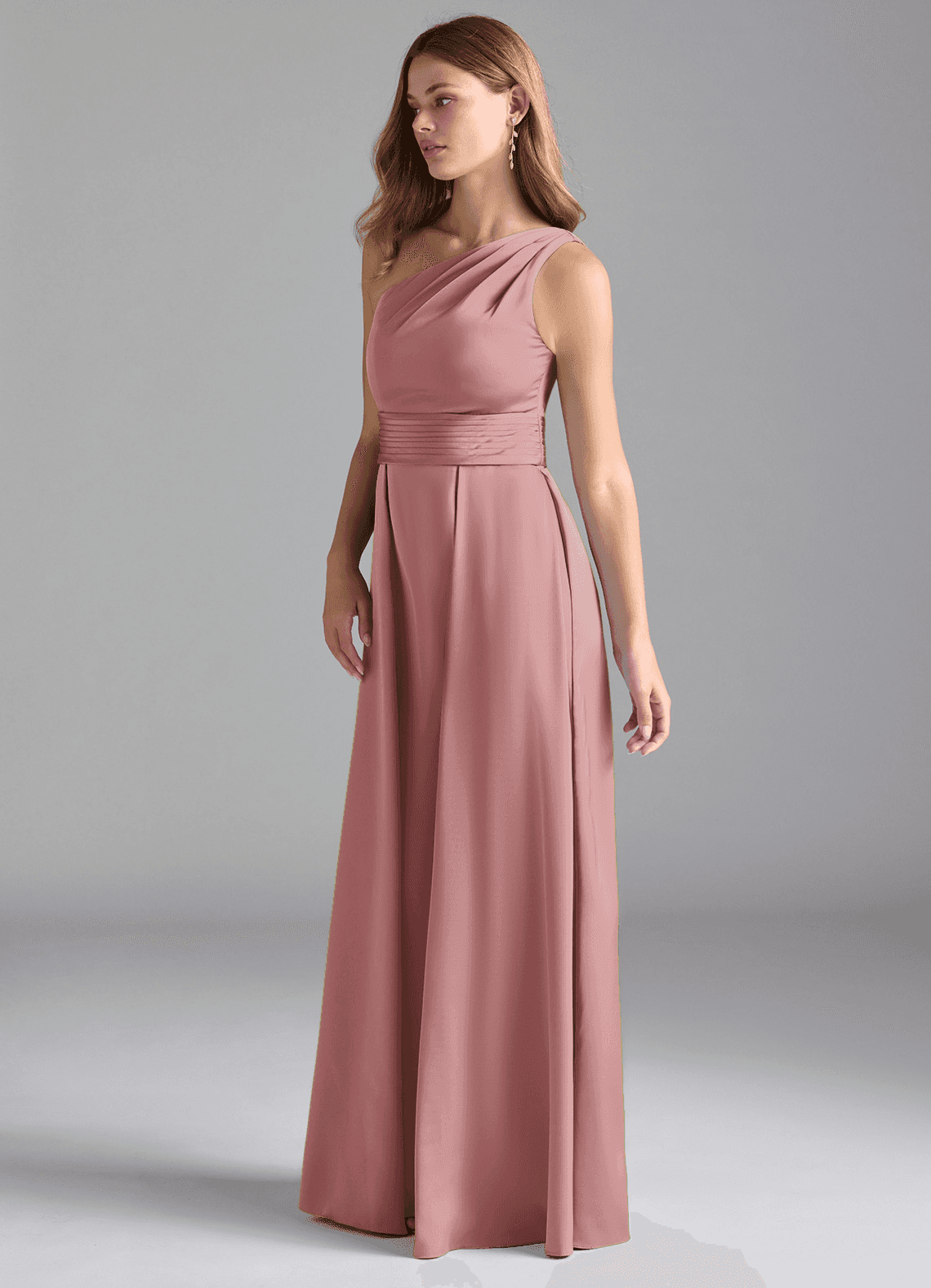 Azazie Dallas Vestidos de damas de honor Vestido de Rosa Polvorienta de Satén Elástico de Corte en A con Hombro unilateral image4