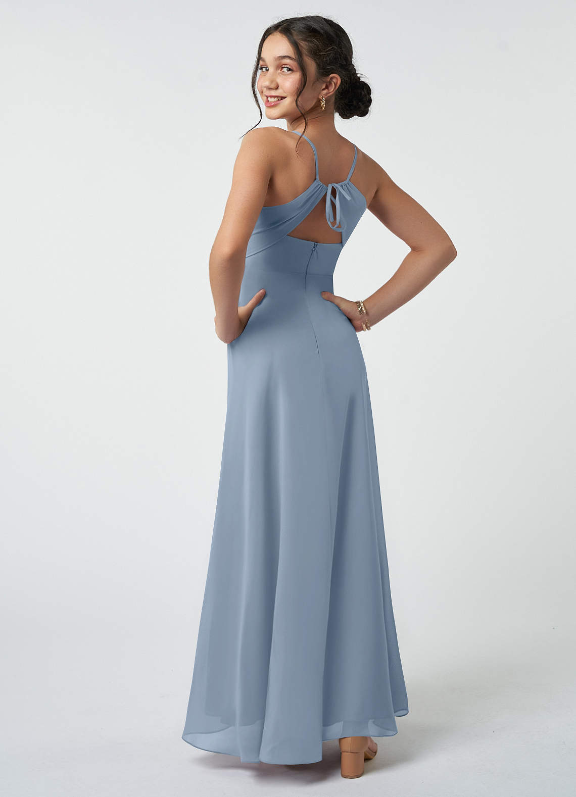 Azazie Avelina Junior Dusty Blue A-Line Pleated Chiffon Dress image4