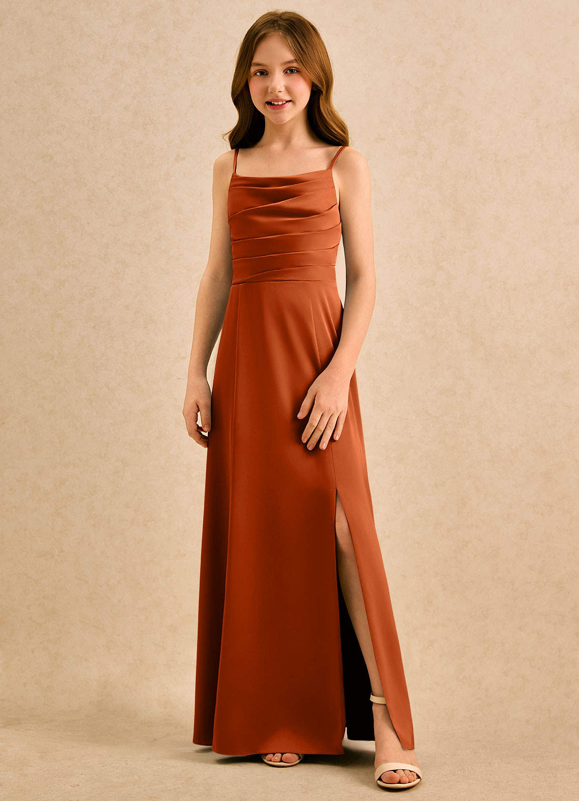 Azazie Chamomile Girls Formal Flower Girl Dresses Burnt Orange A-Line Pleated Stretch Satin Dress image3