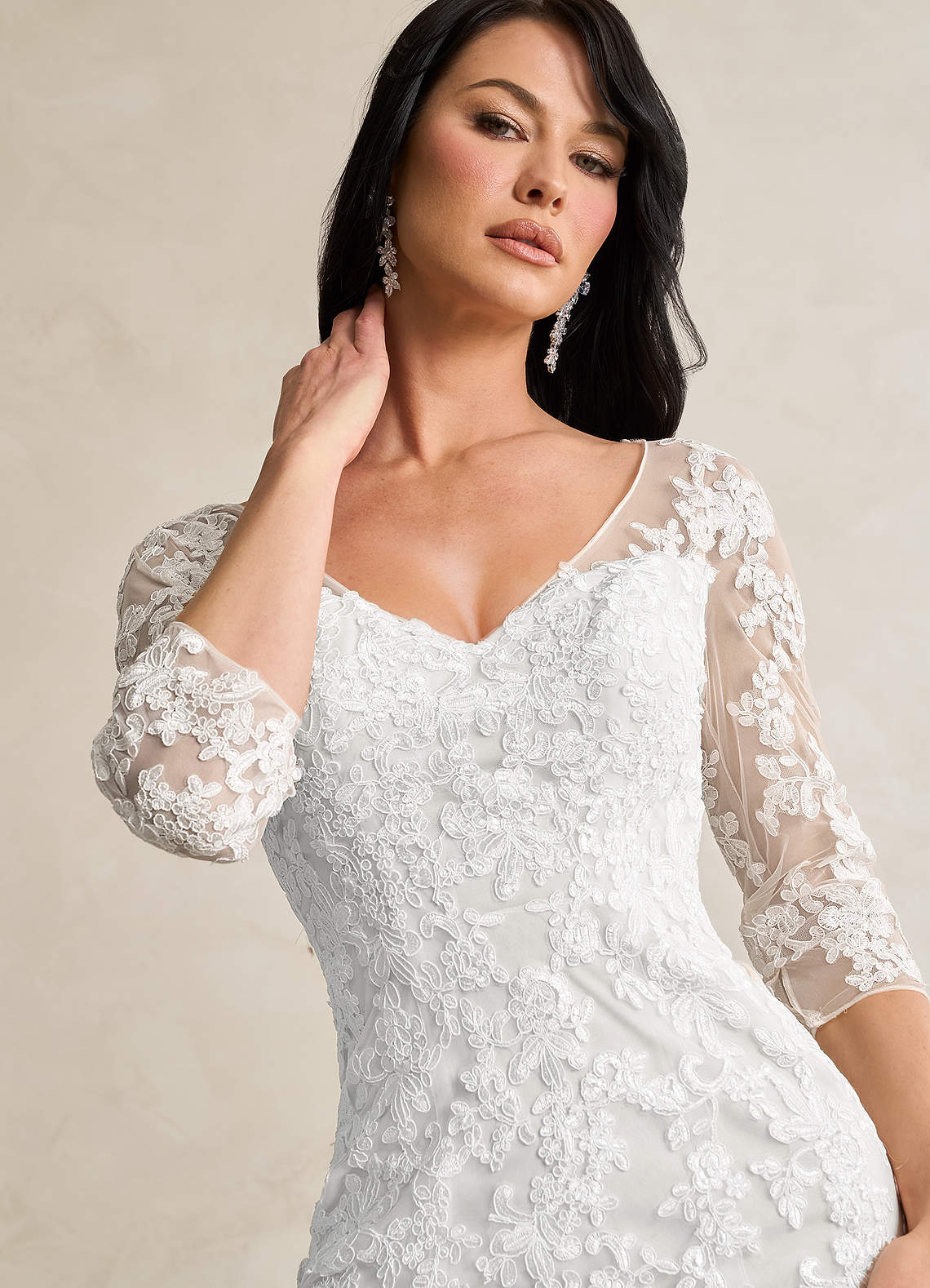 Azazie Neela Wedding Dresses Diamond White Mermaid V-Neck Lace Tulle Dress image5