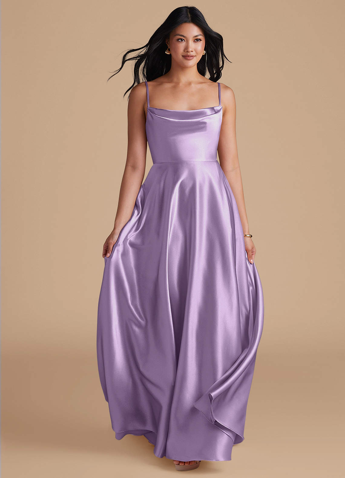 Azazie Elle Bridesmaid Dresses Lilac A-Line with Pockets Metallic Satin Dress image4
