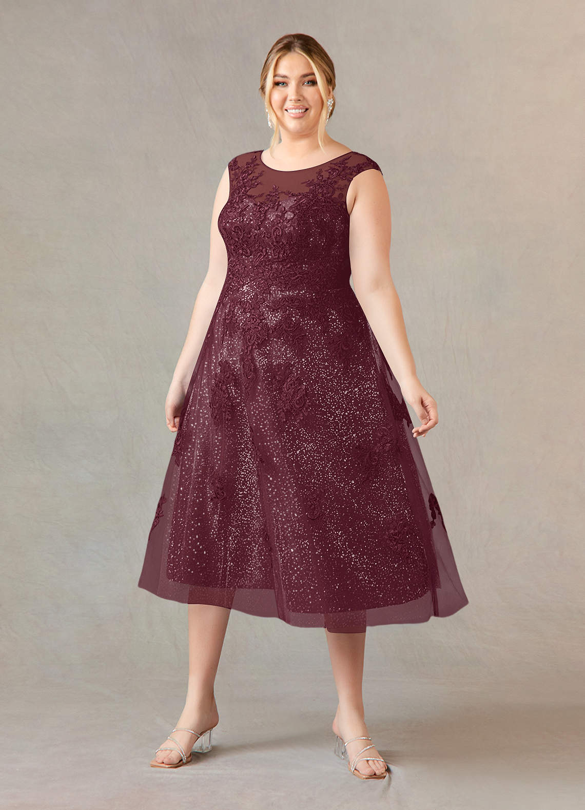 Azazie Flynn Final Sale Burgundy A-Line Boatneck Lace Tulle Dress image1