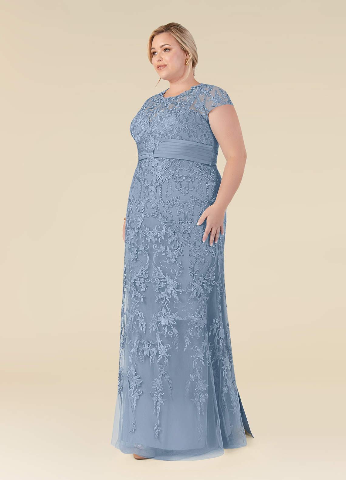 Azazie Jamila Venta Final Vestido de Azul Polvoriento de Encaje de Corte Sirena image8