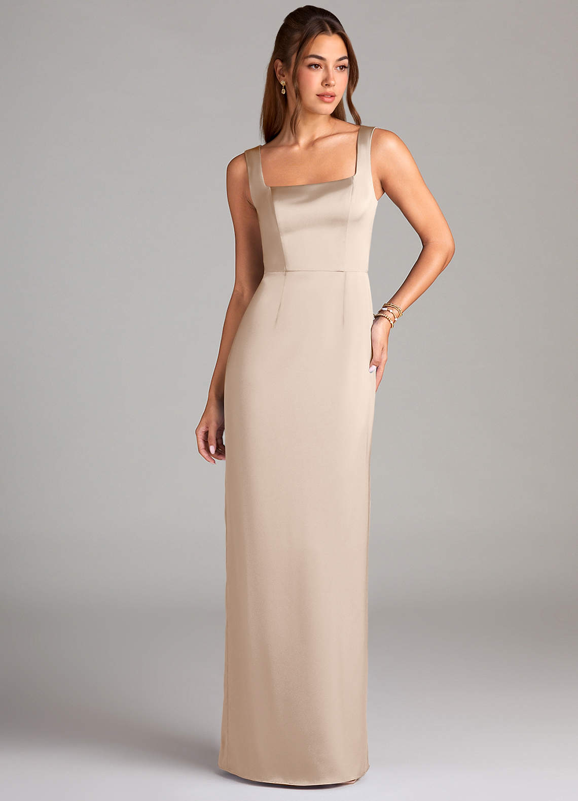 Azazie Flori Bridesmaid Dresses White Alabaster Sheath Side Slit Stretch Satin Dress image1