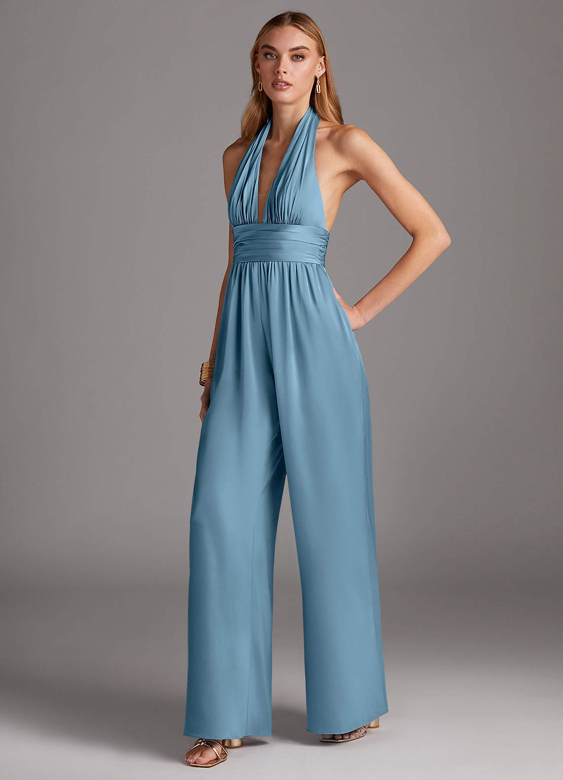 Azazie Oli Jurken voor bruidsmeisjes Jumpsuit van Stretch Satijn Geplooid Staal Blauw image1