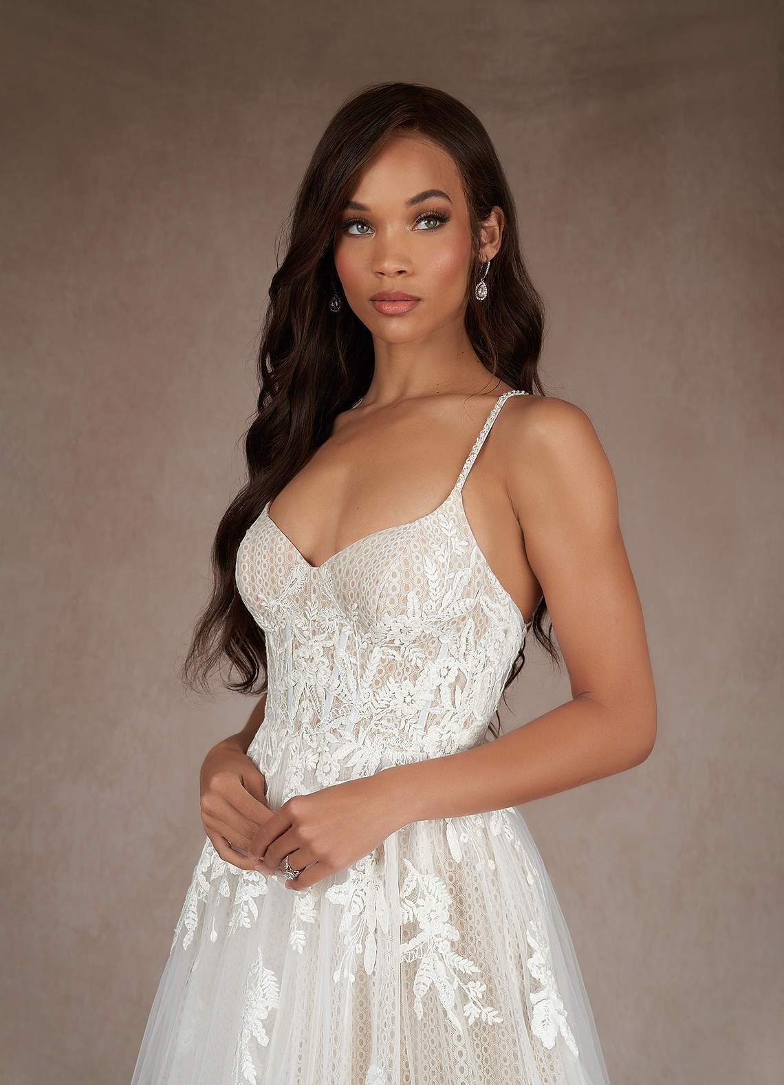 Azazie Yari Diamond White Nude A-Line Sequins Tulle Dress Ready to