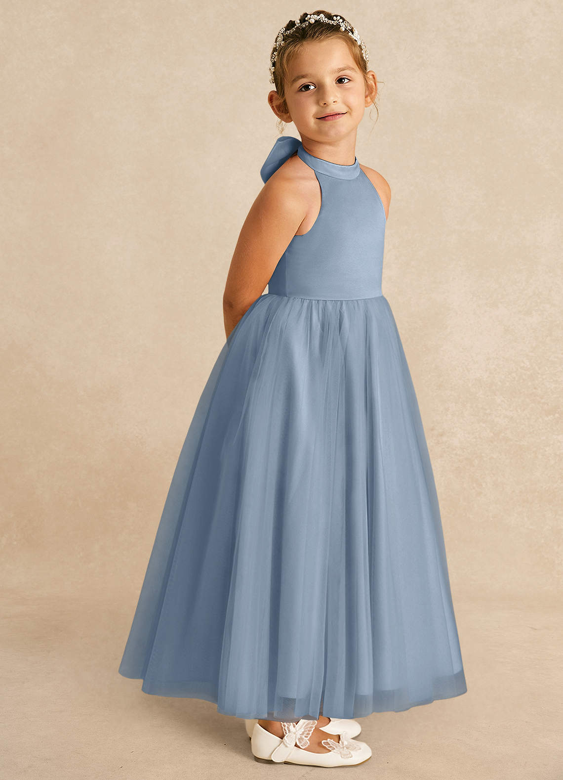 Azazie Bev Flower Girl Dresses Dusty Blue A-Line Convertible Tulle Dress image7