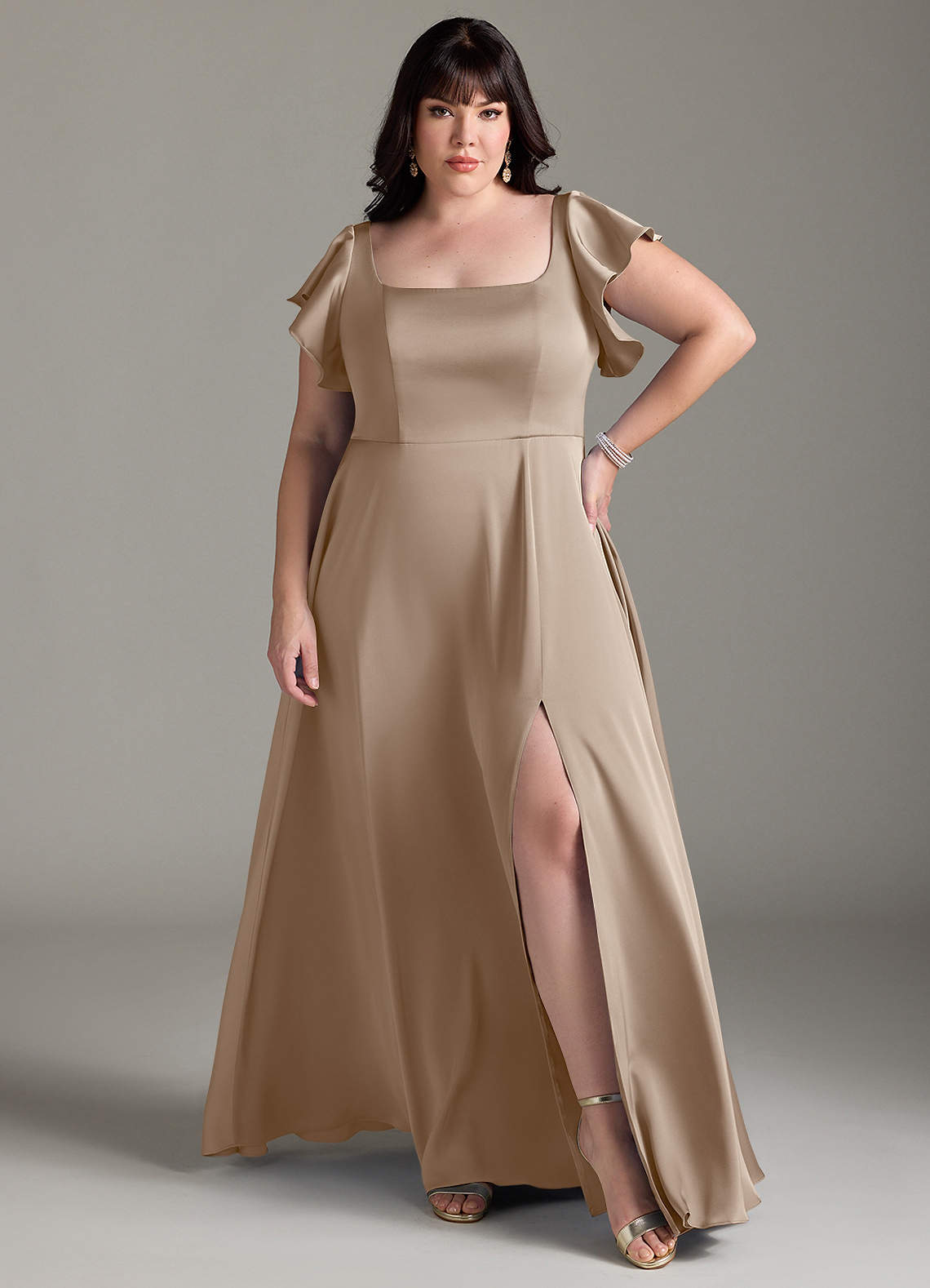 Azazie Bondi Bridesmaid Dresses Taupe A-Line Bow Stretch Satin Dress image1