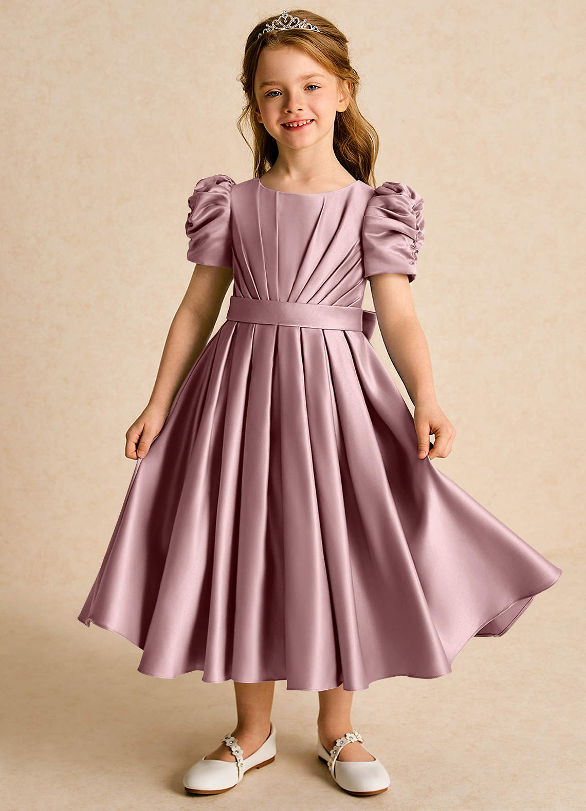 Azazie Miriam Abiti da Ragazza di Fiori Abito Principessa in Raso Opaco Plissettato Rosa Polverosa image1