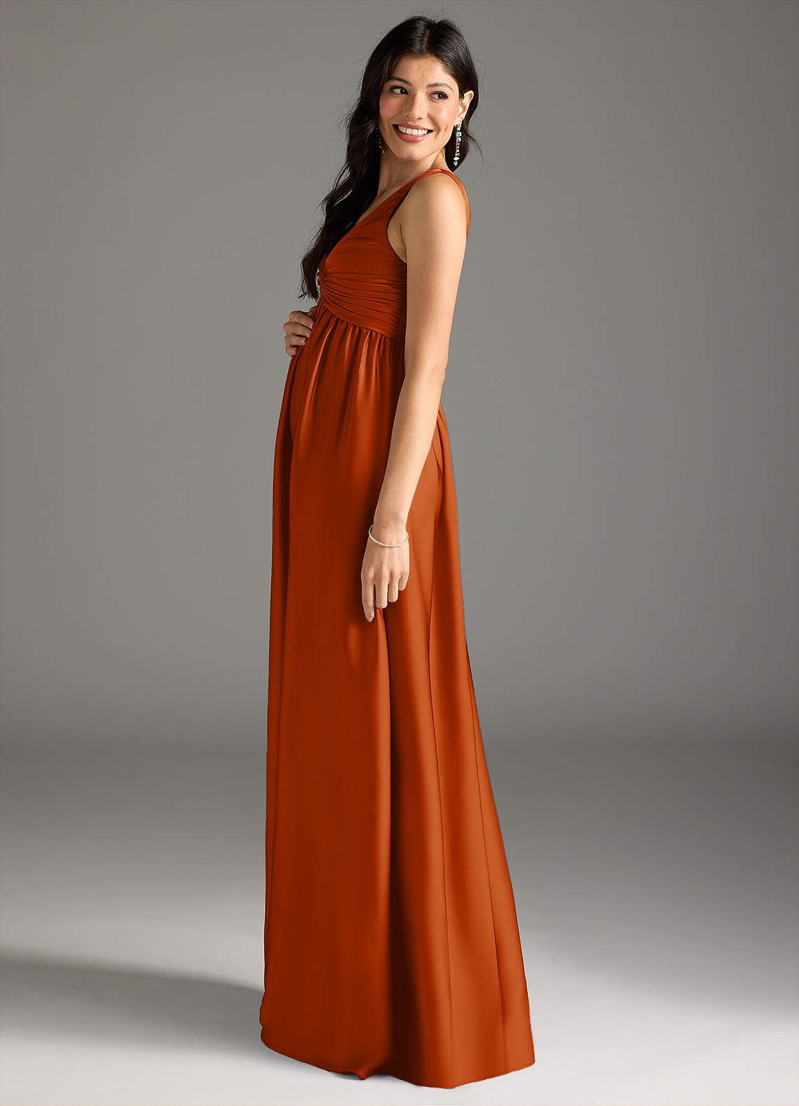 Azazie Yetta At-home Try On Dresses A-Line Pleated Stretch Satin Floor-Length Dress image3