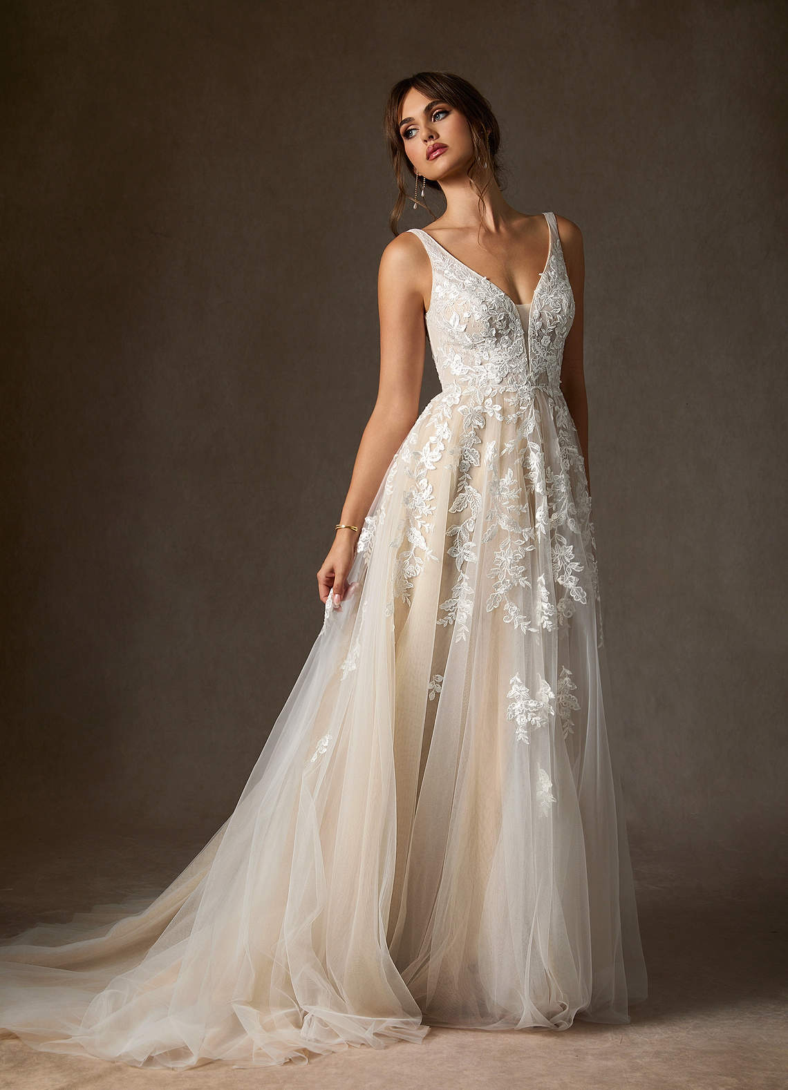 Azazie Sorella Wedding Dresses Diamond White Champagne A-Line V-Neck Sequins Tulle Dress image3