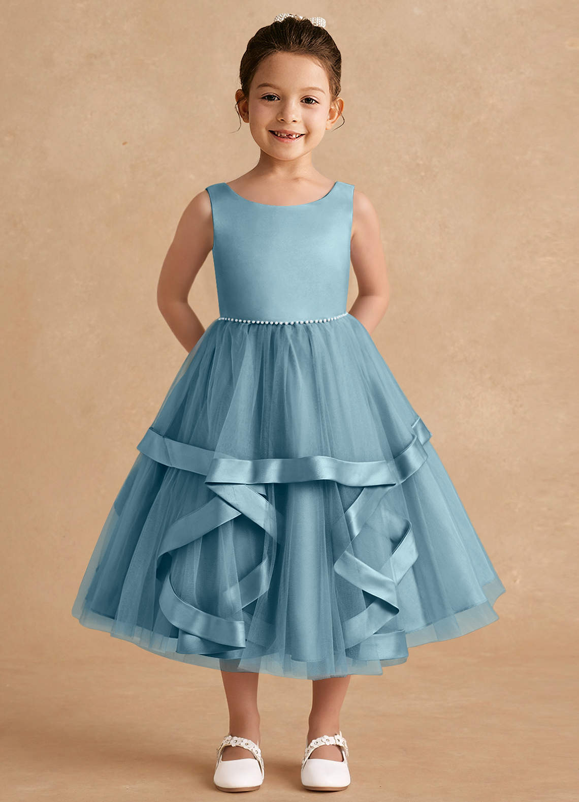 Azazie Posy Blumenmädchenkleider A-Linie Mit Perlen Tüll Kleid Stimmungsvolles Blau image1
