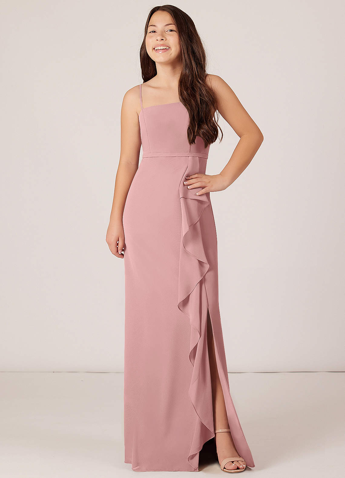 Azazie Kaylee Junior Dusty Rose A-Line with Belt Chiffon Dress image3