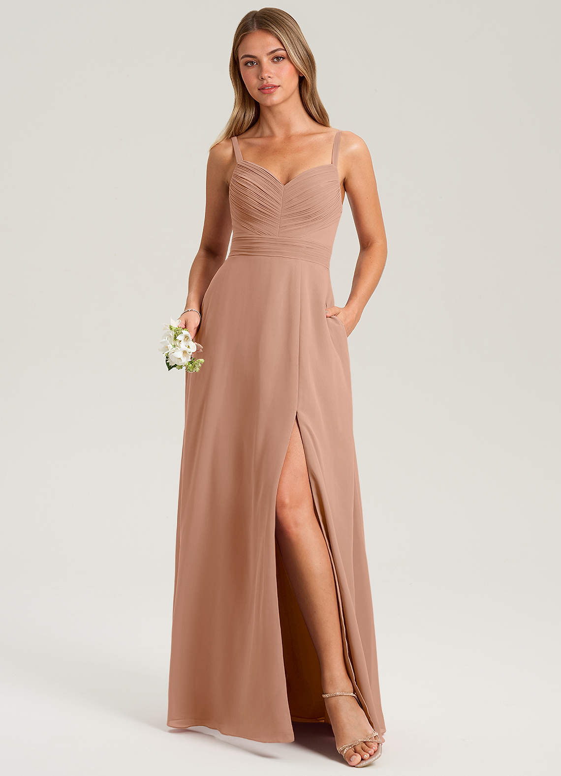 Azazie Terese Bridesmaid Dresses Champagne Rose A-Line Pleated Chiffon Dress image1