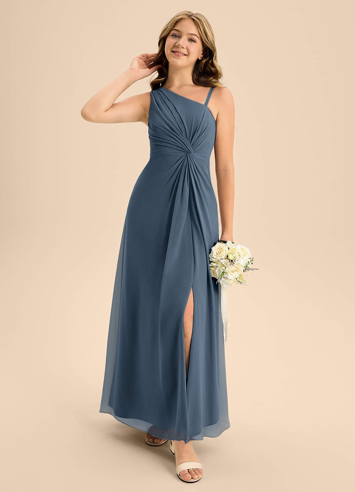 Azazie Brooke Junior Abito A-Line in Chiffon Spacco Laterale Blu Nettuno image1