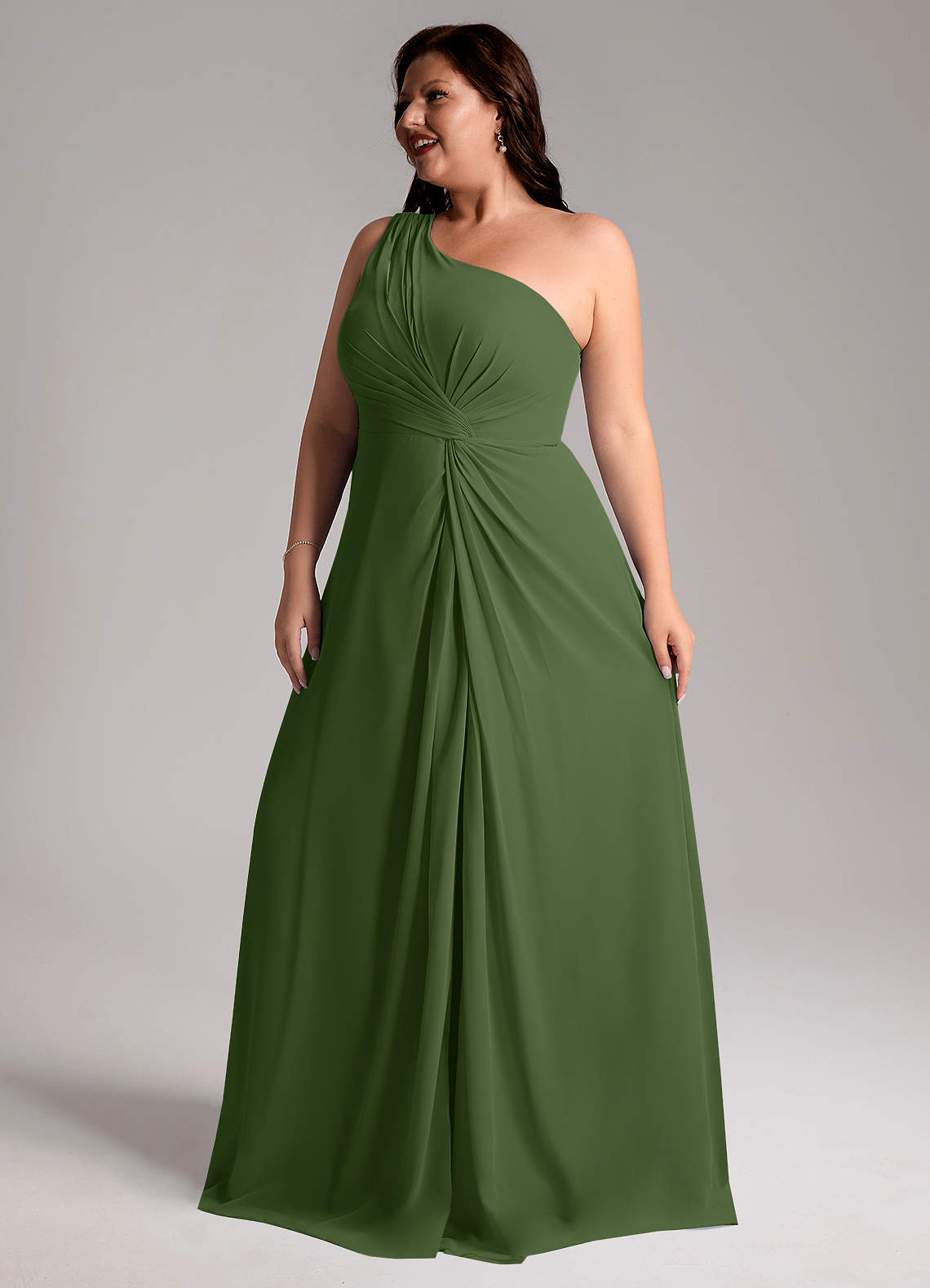 Azazie Brooke Bridesmaid Dresses Olive A-Line One Shoulder Chiffon Dress image12