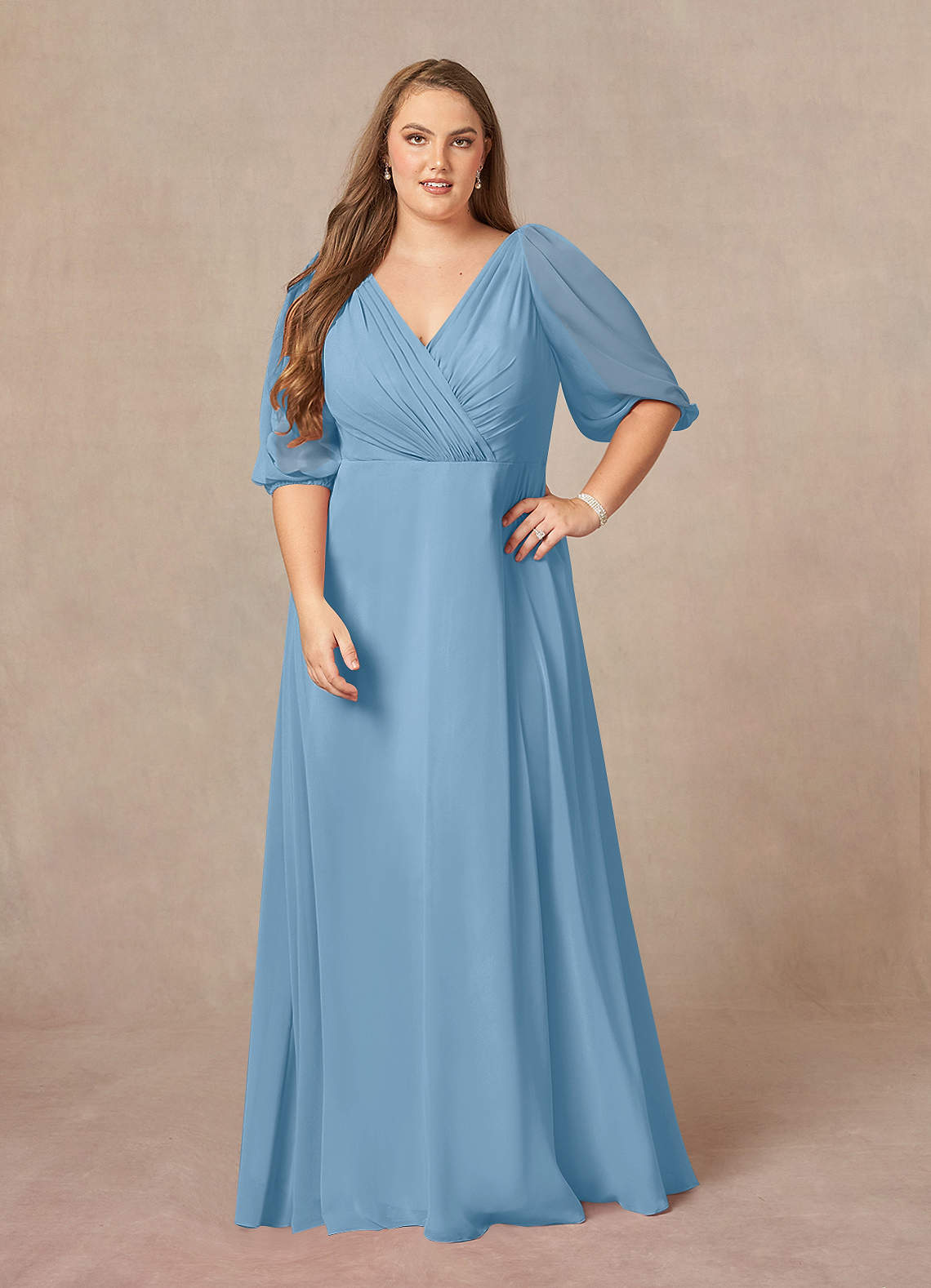 Azazie Bronwyn Mother of the Bride Dresses Steel Blue A-Line V-Neck Ruched Chiffon Dress image1