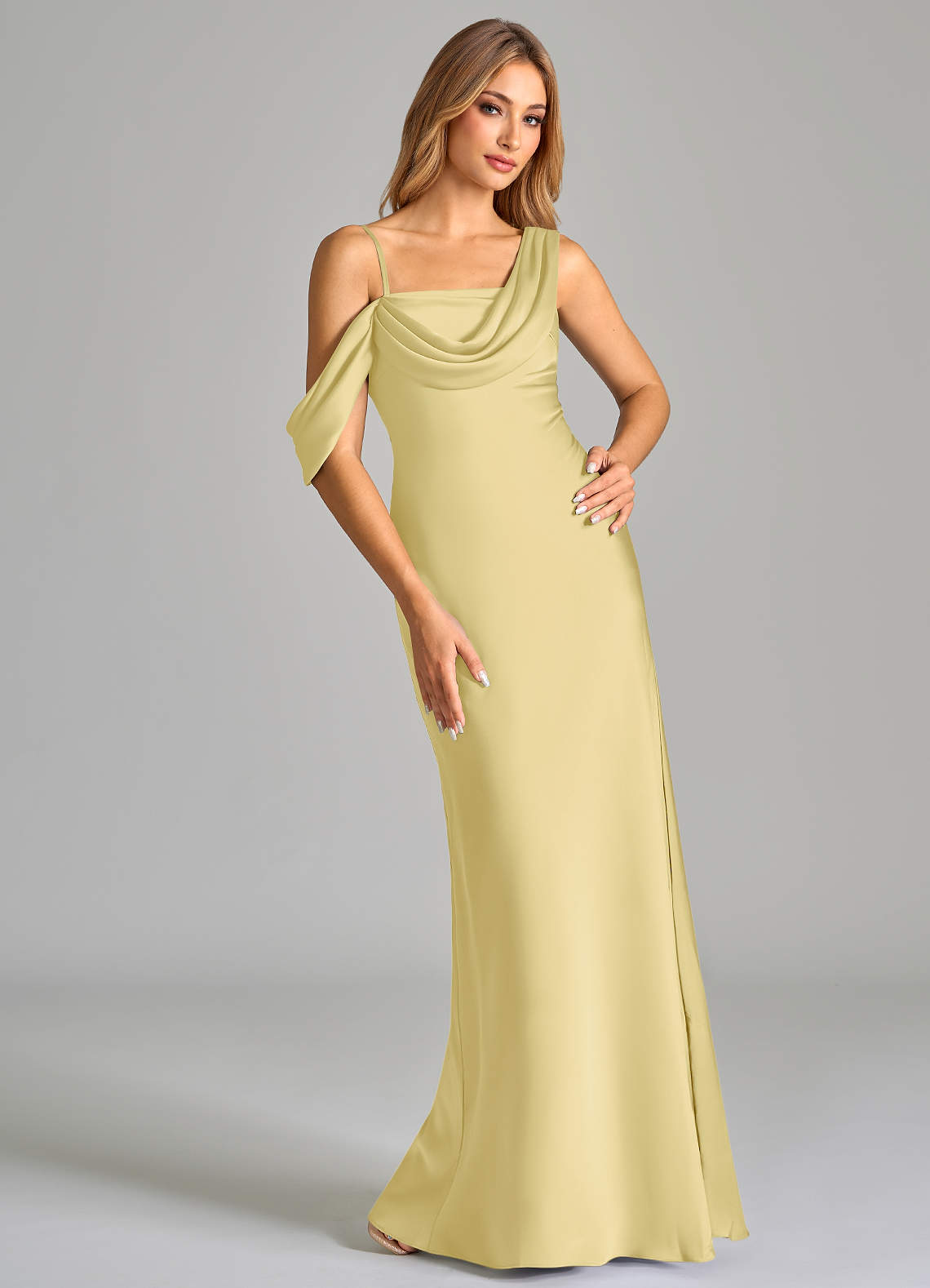 Azazie Celina Vestidos de madrinha de casamento Vestir Sorvete De Limão de Cetim elástico de Bainha com Fora do ombro image1
